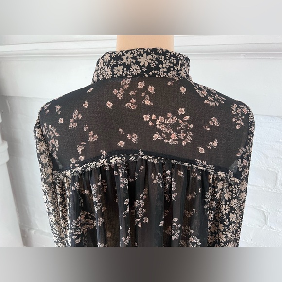 FreePeople Serena Black Floral Blouse Sheer Button Up Ditzy Cottage Witch Size M - Picture 9 of 16